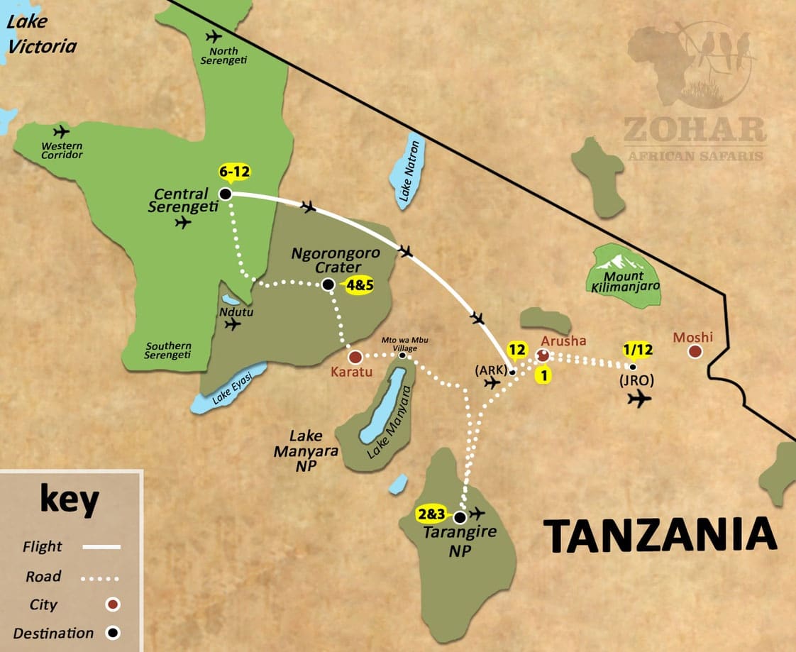 tanzania photographic safari 12 days map