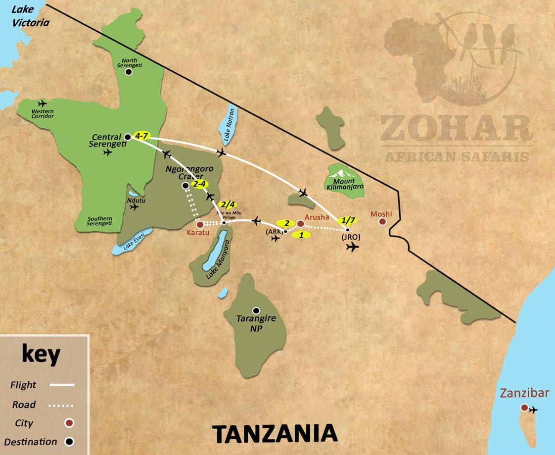 the best of northern tanzania 7 days map