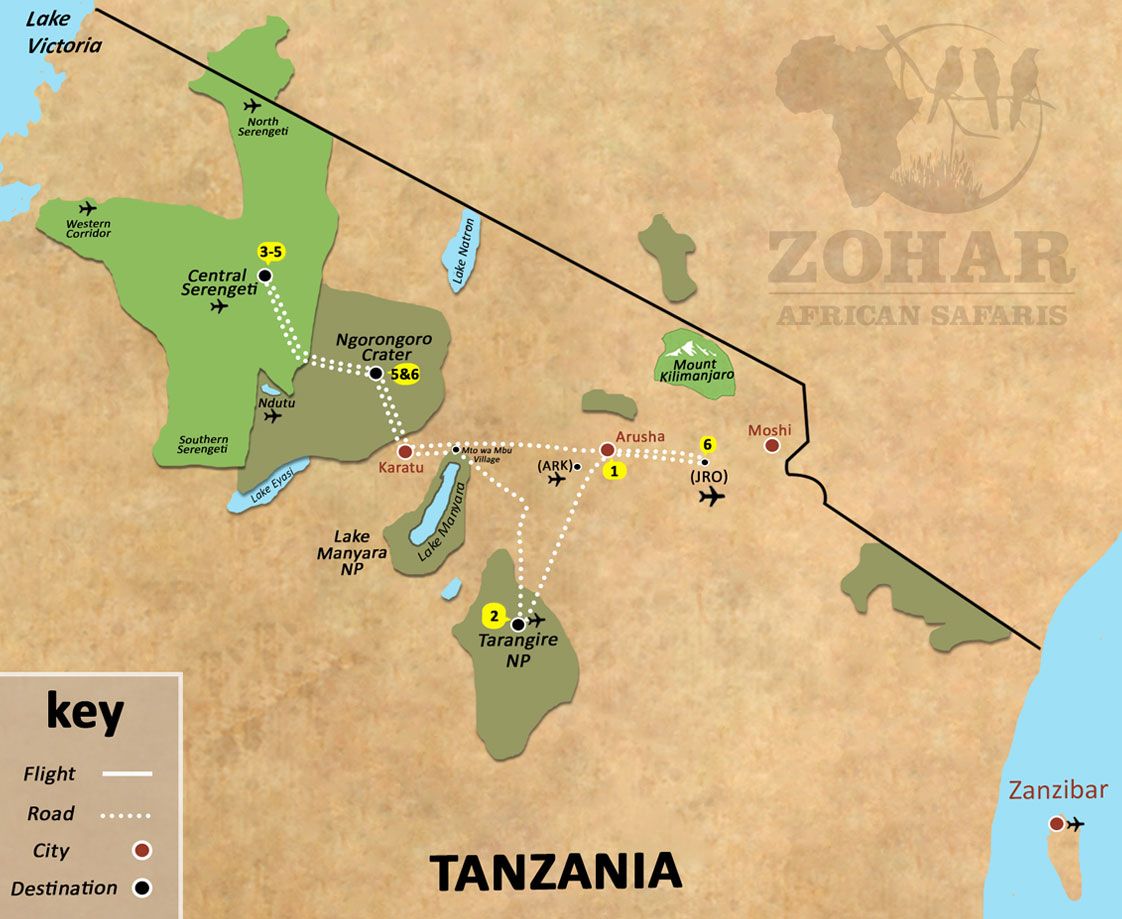 tanzania-big-five-luxury-safari-6-days-map