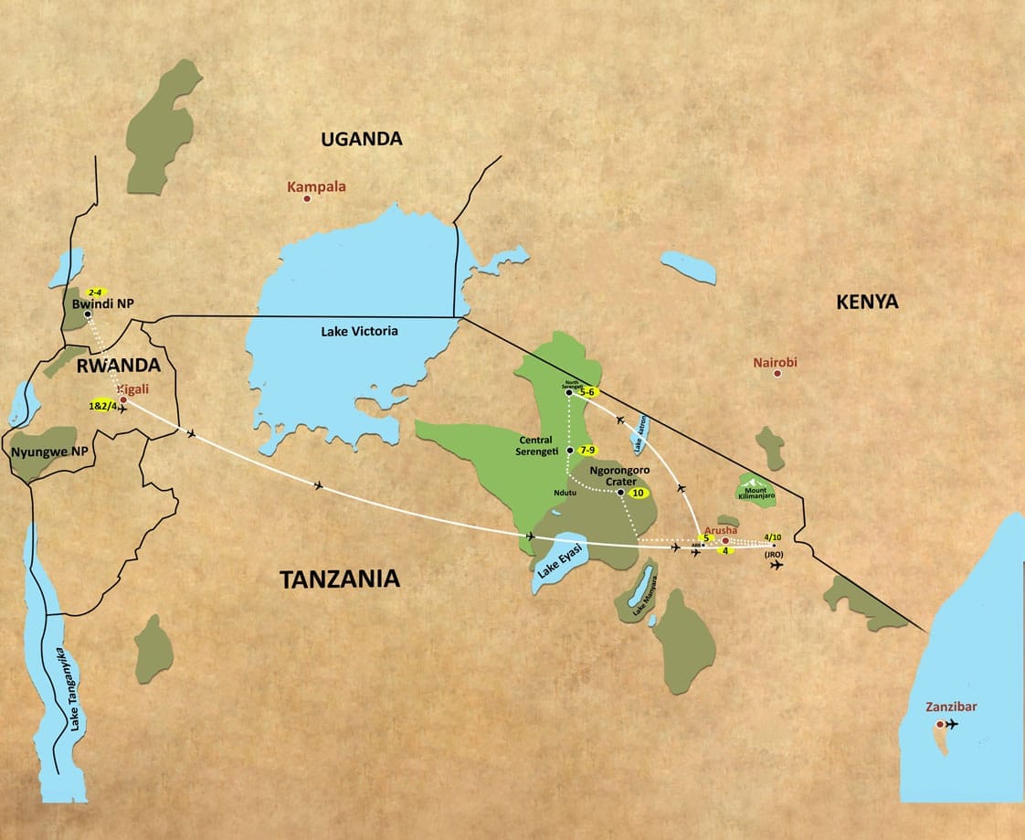 uganda gorillas tanzania wildlife map