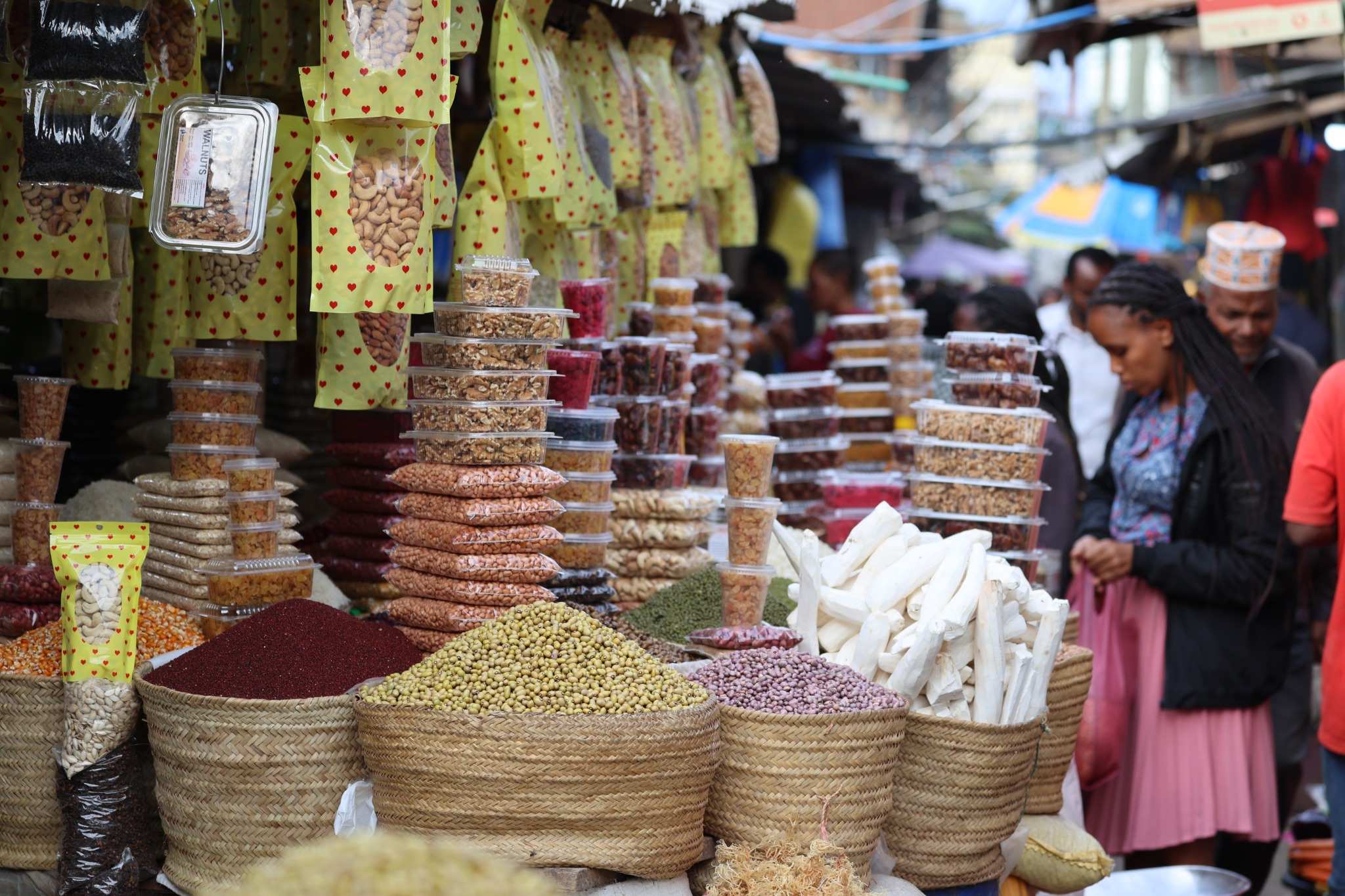 Street market in tanzania with nuts and spices