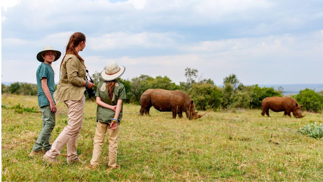 Family on the field during a safari observing two hypos