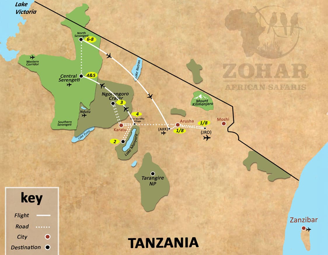 tanzania honeymoon ultra luxury safari 8 days map