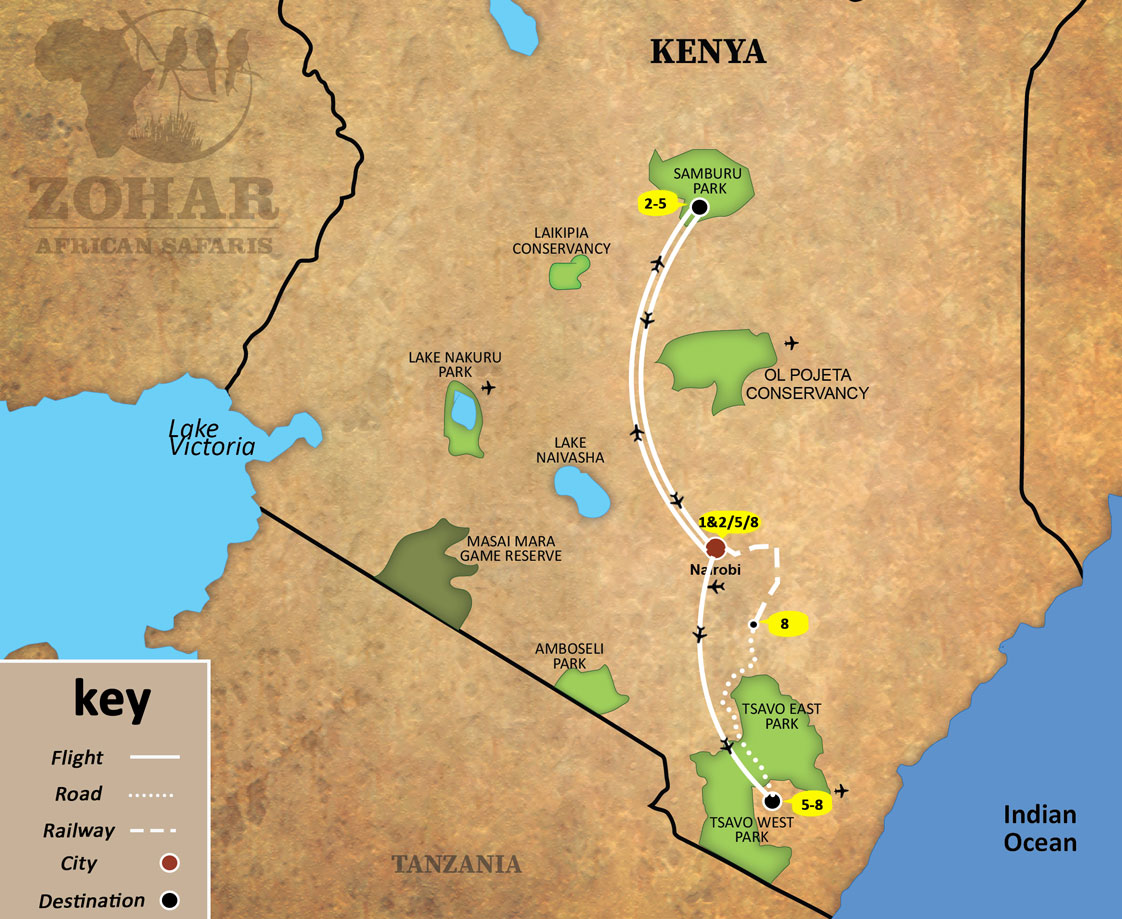 kenya hidden treasures fly safari 8 days map img