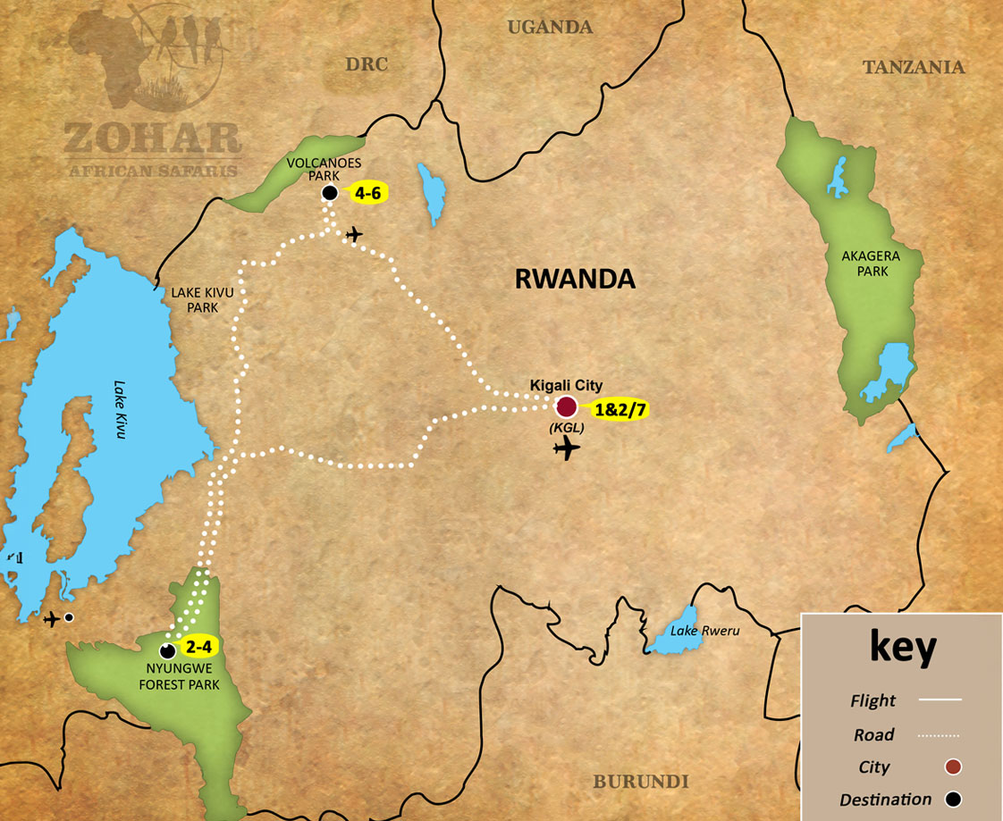 rwanda primates luxury safari 7 days map img