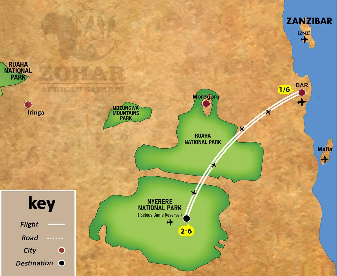 selous fly safari 6 days map img